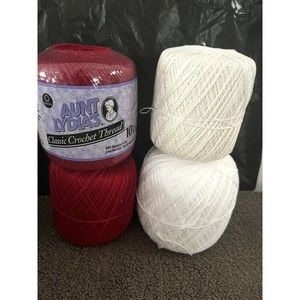 2 Aunt Lydia's Crochet Thread Victory Red 350 Yards Size 10 plus White&Ivory